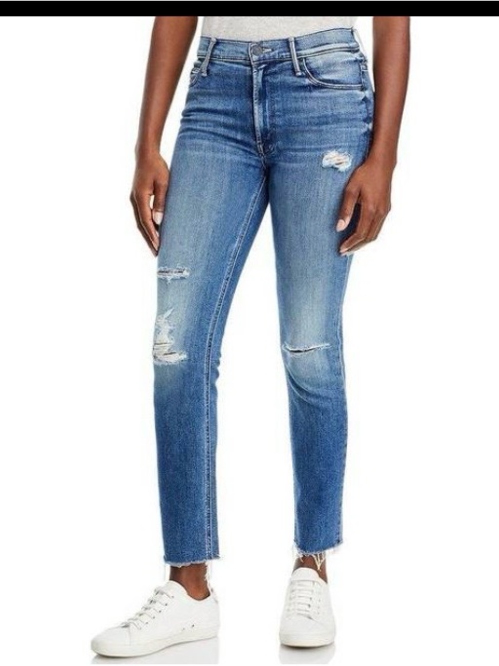 MOTHER Mid Rise Dazzler Ankle Fray Distressed Jeans - Medium Blue Size 28